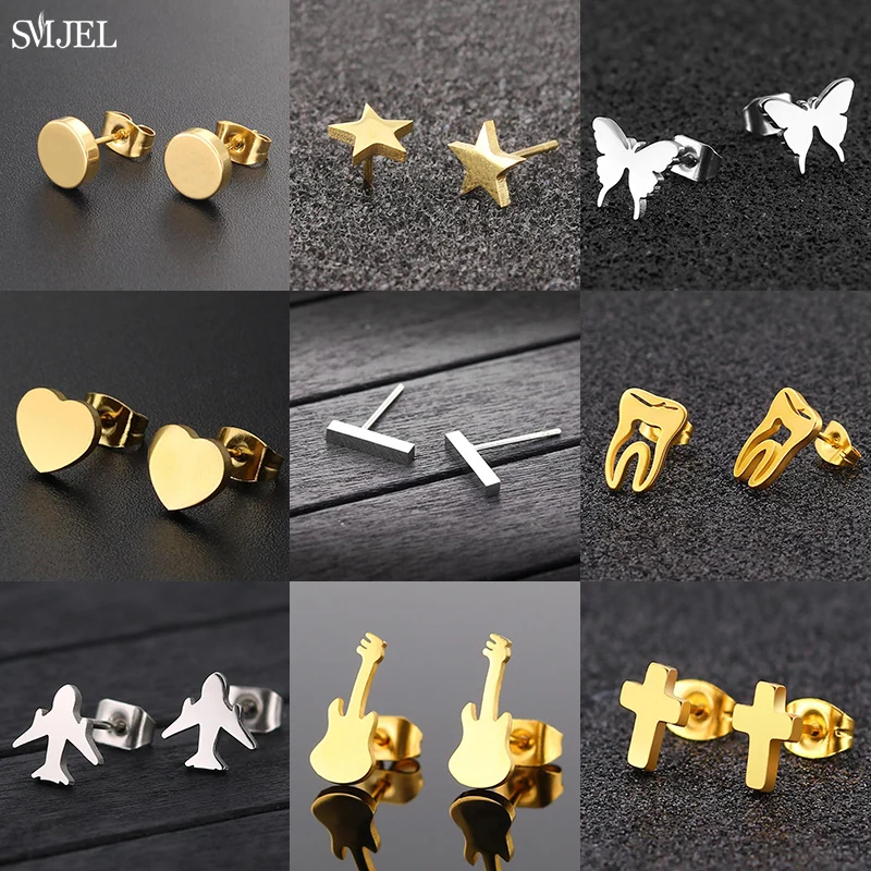 Женские серьги-гвоздики из нержавеющей стали, черные серьги в форме бабочки, самолета, зуба, Креста, звезды, свадебные украшения, аксессуары