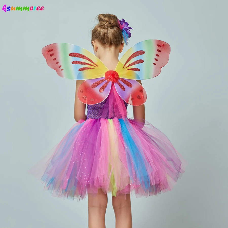 Girls Glitter Tutu Dress with Butterfly Wings & Fairy Wand Kids Rainbow Fairy Party Cosplay Costume Girls Rainbow Tulle Dress image 5