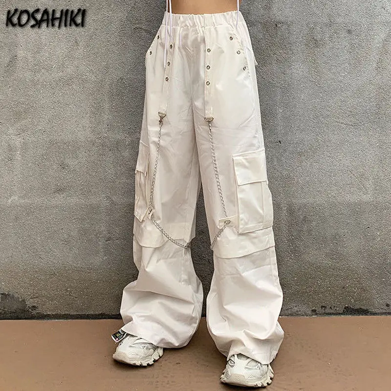 KOSAHIKI White Cargo Pants Women Fashion Harajuku Wide Leg Loose High Waist  2024 Streetwear Chain Trousers Joggers 