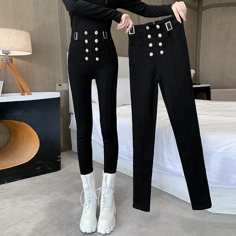 New Casual Straight Pants 2022 Women Spring Autumn Lady Double Breasted Elastic High Waist Trouser Female Elegant Pants