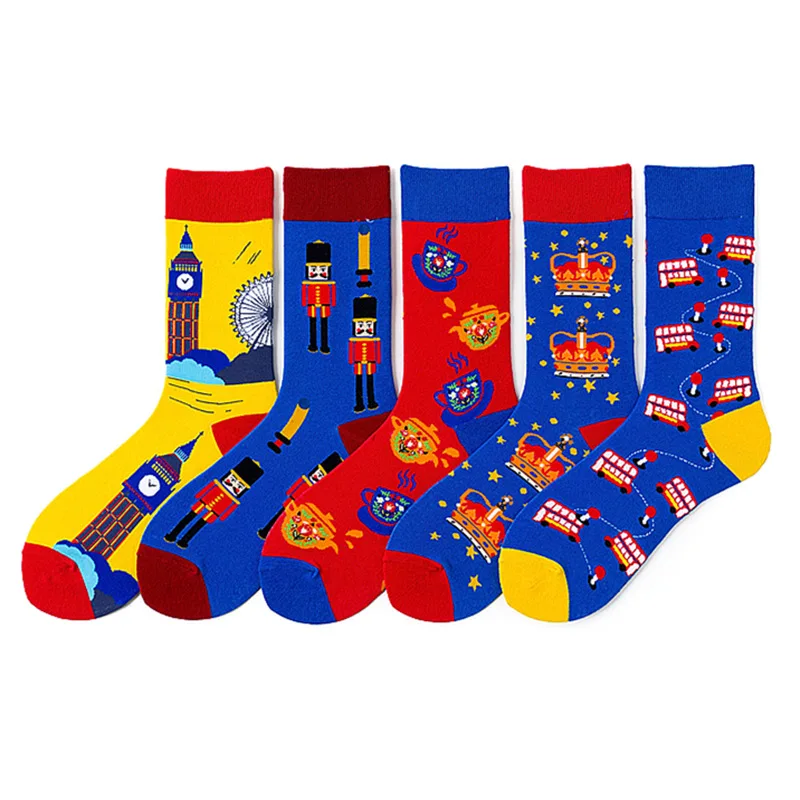 Happy Mens Socks Double-decker Bus Guard Crown Big Ben Ferris Wheel Teapot Funny Socks Combed Cotton Calcetines Largos Hombre