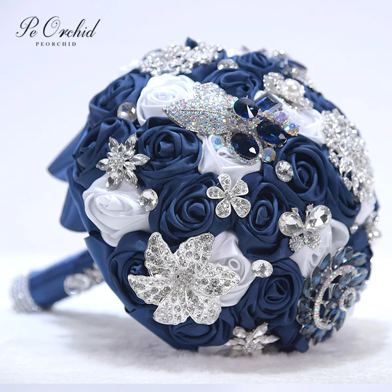 Bouquets De mariage bleu orchidée-broche, rubans en cristal, Ramos De mariage, Bouquet rouge/blanc/bleu marine