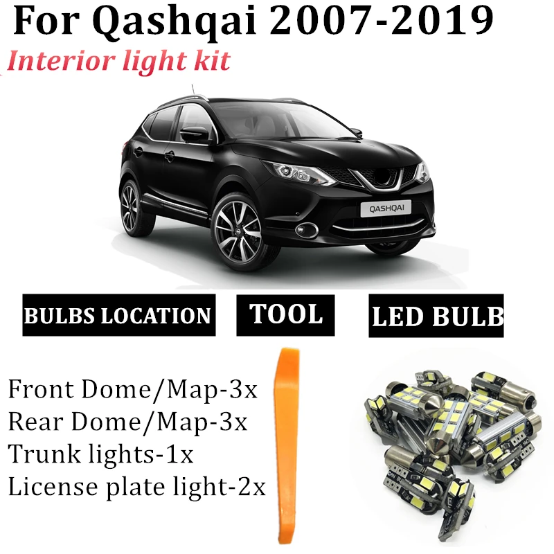 

9pcs Car Canbus LED Interior Reading Map Light Kit For 2007-2018 2019 Nissan Qashqai J10 J11 T10 Festoon led Trunk License Lamp