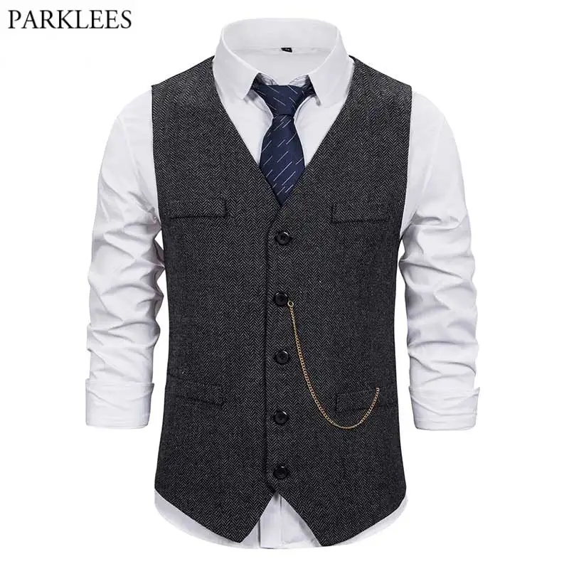 Men's Gentleman Herringbone Tweed Suit Vest Slim Fit V Neck Chain Decoration Waistcoat Men Formal Business Casual Chaleco Hombre