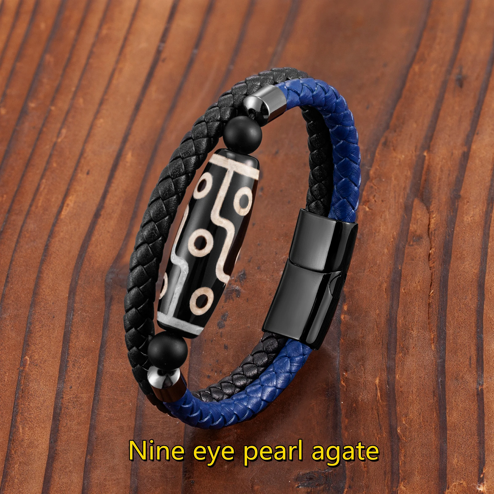 Oblong 9-Eye Dzi Natural Agate Jewelry Two-Color Ethnic Style Men's Bracelet 316L Stainless Steel Leather Rope Bracelet