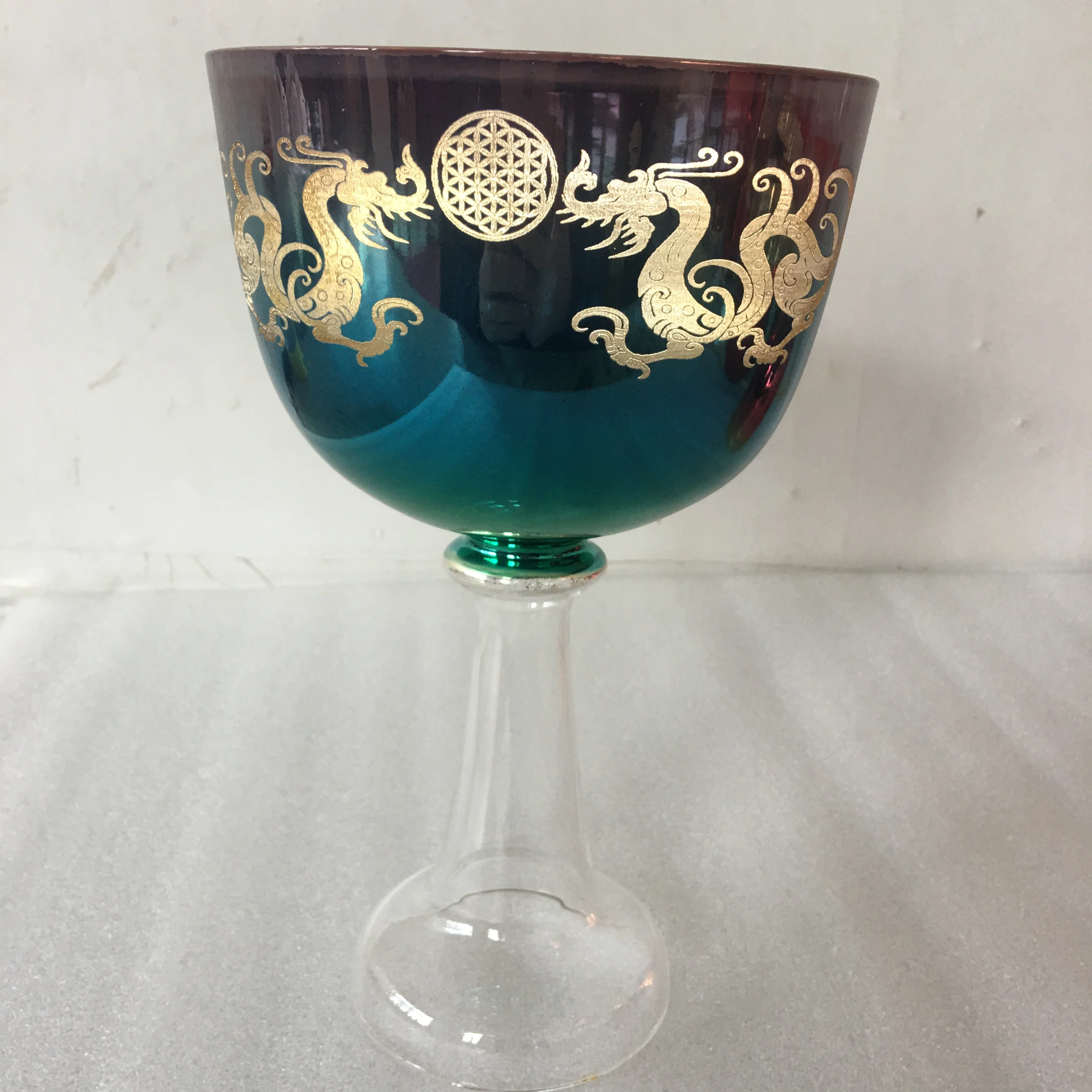 Crystal singing chalice 4th octave about 5.5 inch 432hz F note Heart chakra or F# Thymus Chakra dragons and flower of life