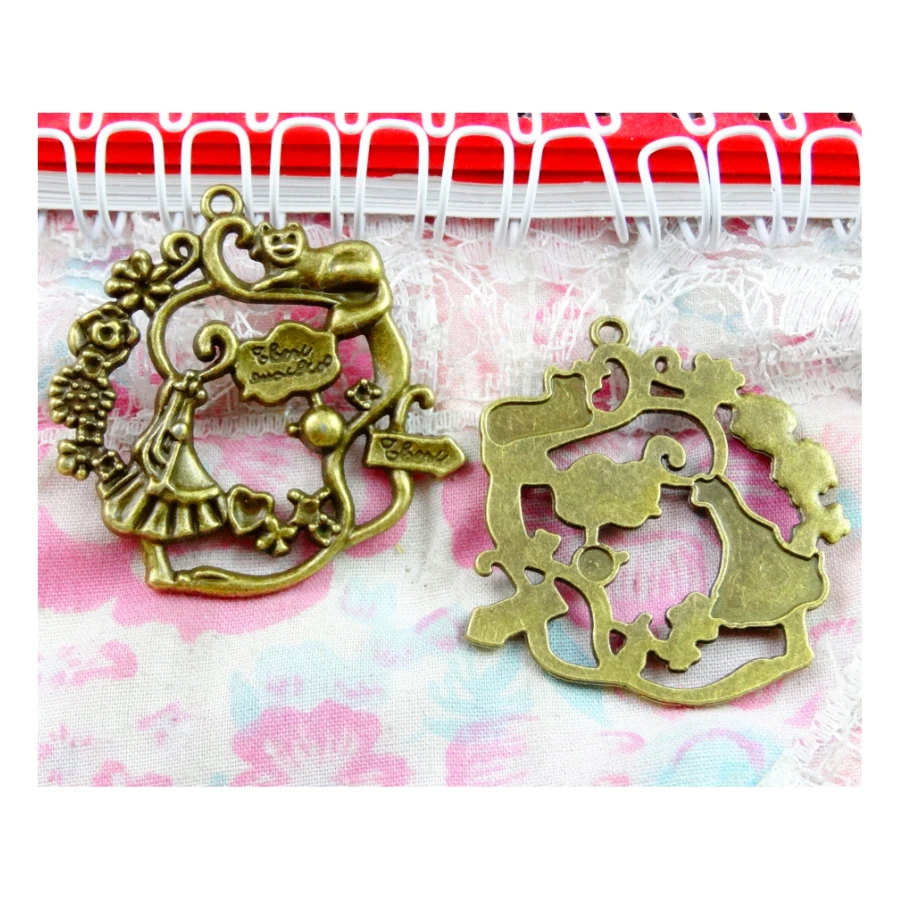 10pcs Charms flower 40.6*40.5MM Antique Bronze Plated Cat pendant Vintage DIY Handmade Jewelry