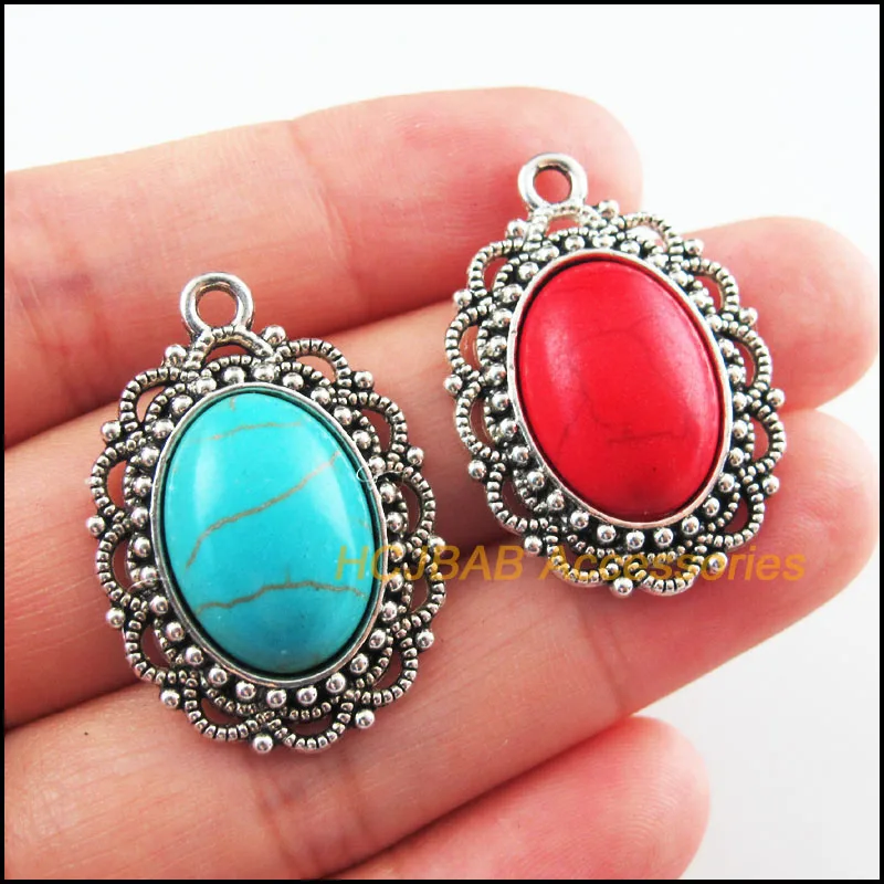 6Pcs Retro Tibetan Silver Tone Oval Flower Blue&Red Stone Charms Pendants 22x31.5mm