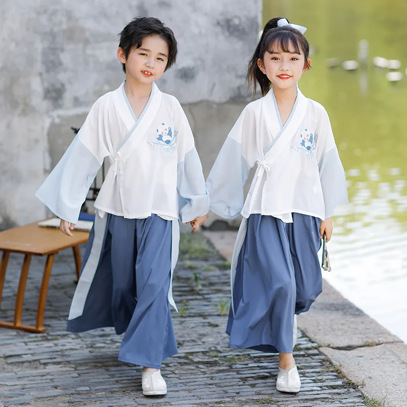 

Autunm New Girls Chinese Lovely Tang Suit Boys Traditional Embroidery Ancient Hanfu Children Perform Costumes