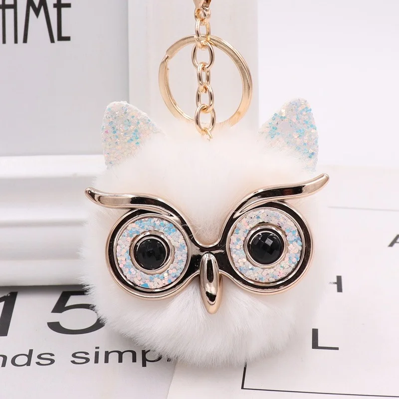 Fashion Cute Cartoon Keychain Owl Soft Pompom Animal Tail Hair Ball Car Keychain Ladies Car Bag Accessories Key Ring Mom Gift