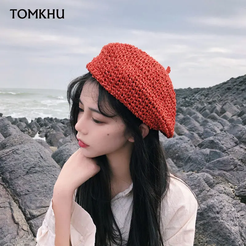 NEW Summer Sun Hats For Women Solid Color Beret Straw Solid French Artist Hat Women Casual Spring Holiday Handmade Cap Beach Hat