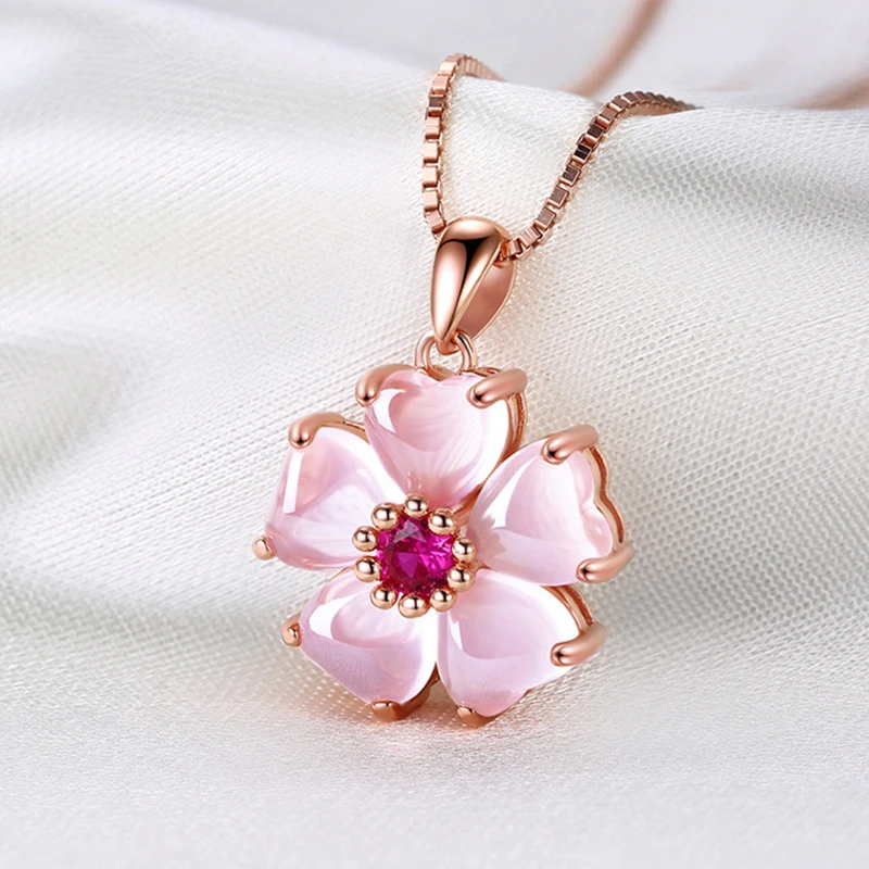 Romantic Rose Gold Color Flower  Necklace Heart-shape Pink Crystal Hibiscus Stone Pendants Sweet Cute Jewelry For Women