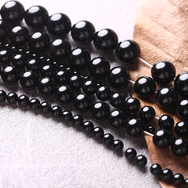 Black Beads 4/6/8/10/12/14mm Natural Gem Stone Round Smooth Agat e Beads For DIY Jewelry Making Bracelets Necklace Accessories