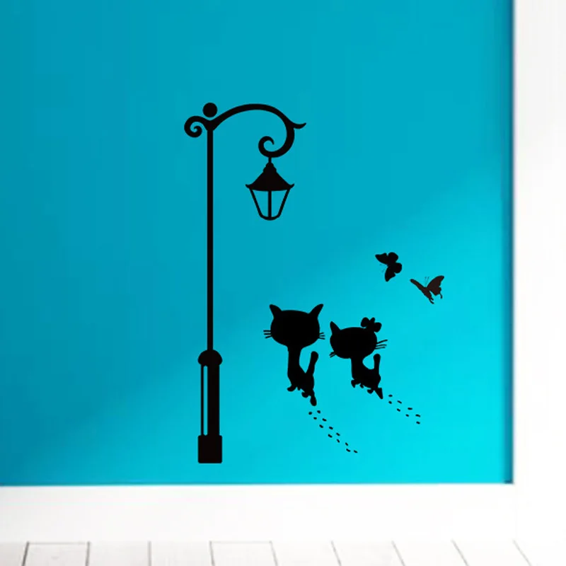 Cute Cat And Street Light Wall Stickers Living Room Bedroom Mural Cupboard Home Decoration Art Decals Removable Wallpaper
