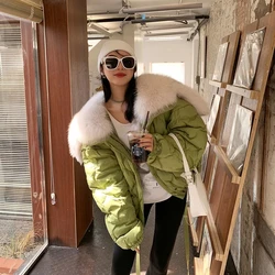 Winter Parka Short Cotton Jackets Women 2023 New Casual Chic Fresh Green Coat Lady Korean Overcoat Big Fur Collar Hooded Jackets