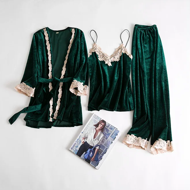 Green Velour Pajamas Suit Lady 4PCS Pijamas Shirt&pants Sleep Set Autumn Warm Robe Gown Nightwear Velvet Sleepwear Home Clothing