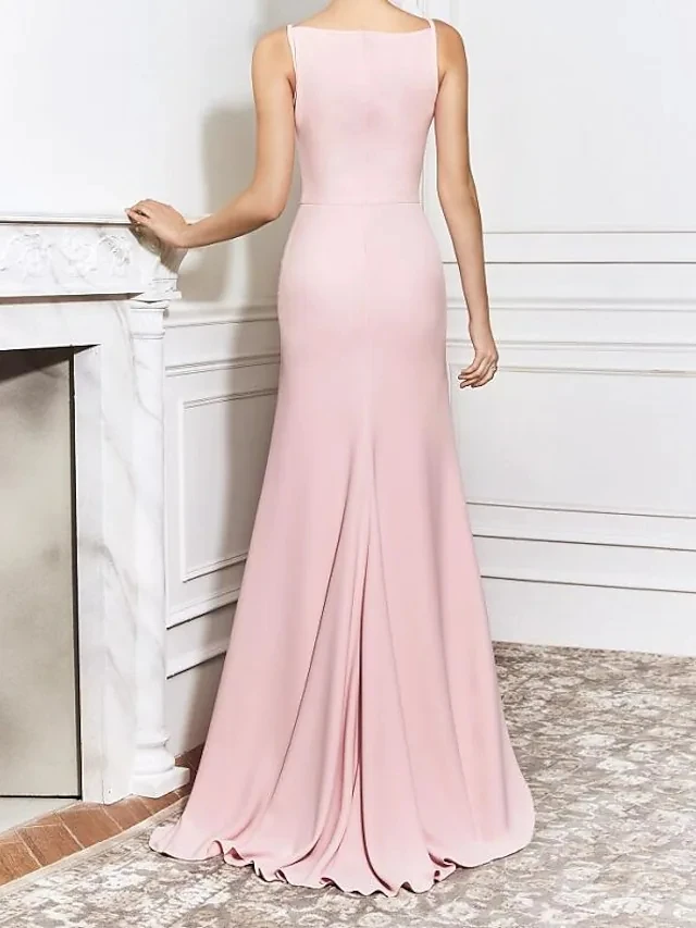 Robe longue De Soirée en Satin rose blush, élégante, col bateau, bretelles, 2022