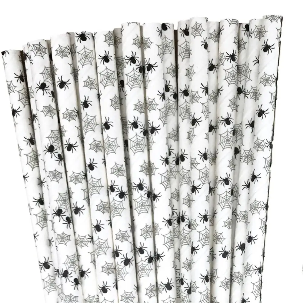 100 Pcs Black Cobweb Spider Web Print White Paper Straws,Decorative Halloween Birthday Party Restaurant Beverage Drinking Straws