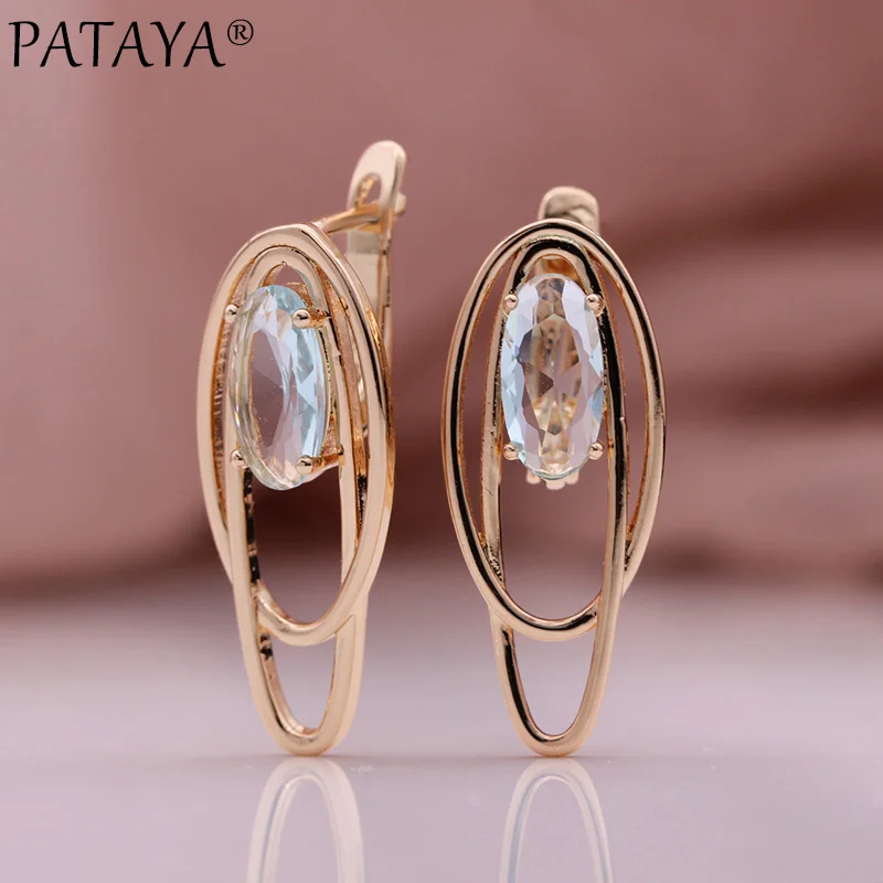 PATAYA New Oval Colorful Natural Zircon Drop Earrings Women Wedding Creative Fashion Jewelry 585 Rose Gold Color Hollow Earrings