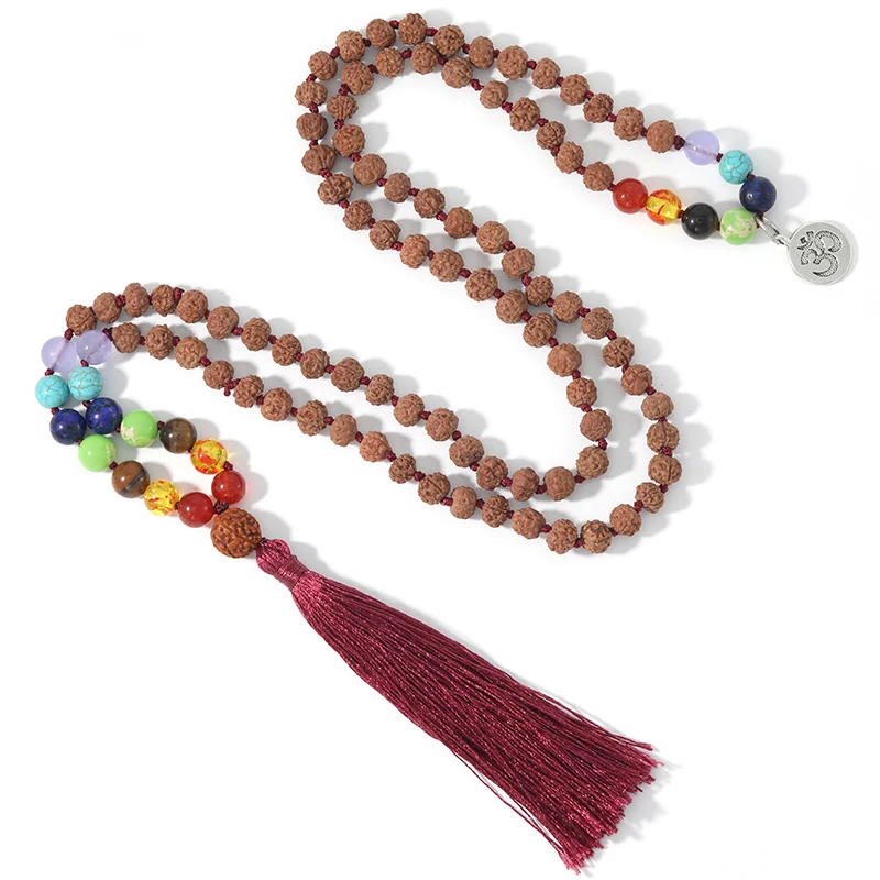 108 Original Rudraksha Beaded Knotted 7 Chakras Mala Necklace Meditation Yoga Prayer Rosary with OM Pendant Tassel Jewelry