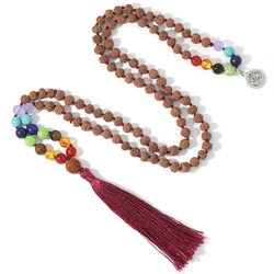Original Rudraksha Beaded Knotted 7 Chakras 108 Mala Necklace Meditation Yoga Prayer Rosary with OM Pendant Tassel Jewelry