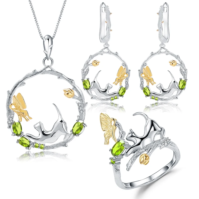 GEM'S BALLET 925 Sterling Silver Cat Butterfly Ring Earrings Pendant For Women Jewelry Sets Natural Peridot Gemstone Animal Set