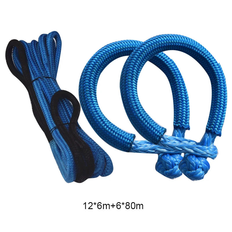 12mm*6m Kinetic Recovery Rope 6mm*80mm Soft Shackles for ATV UTV SUV Recovery Towing Offroad Parts Blue Color Free Shipping