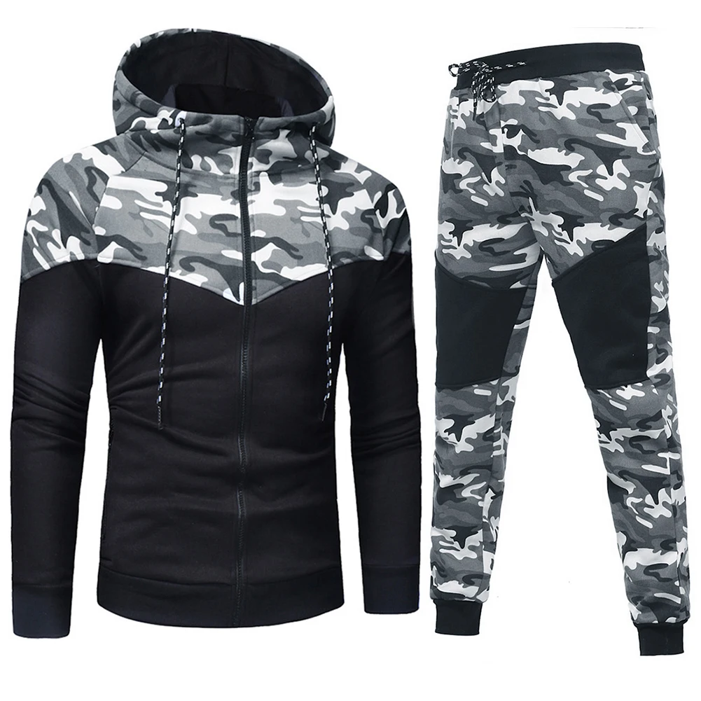 Sets Trainingsanzug Männer Herbst Winter Mit Kapuze Sweatshirt Chic Männer Camouflage Print Sport Zipper Mit Kapuze Mantel Hosen Anzug