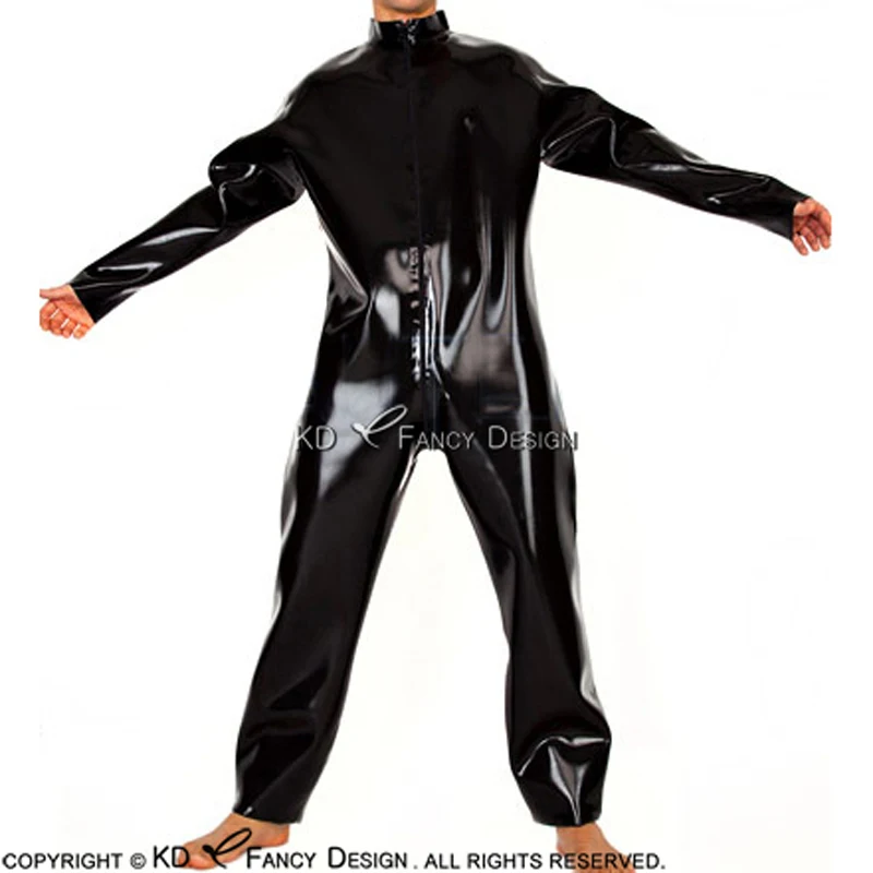 Black Sexy Loose Latex Catsuit With Long Sleeves Front To Crotch Zip Rubber Bodysuit Overall Zentai Body Suit LTY-0064