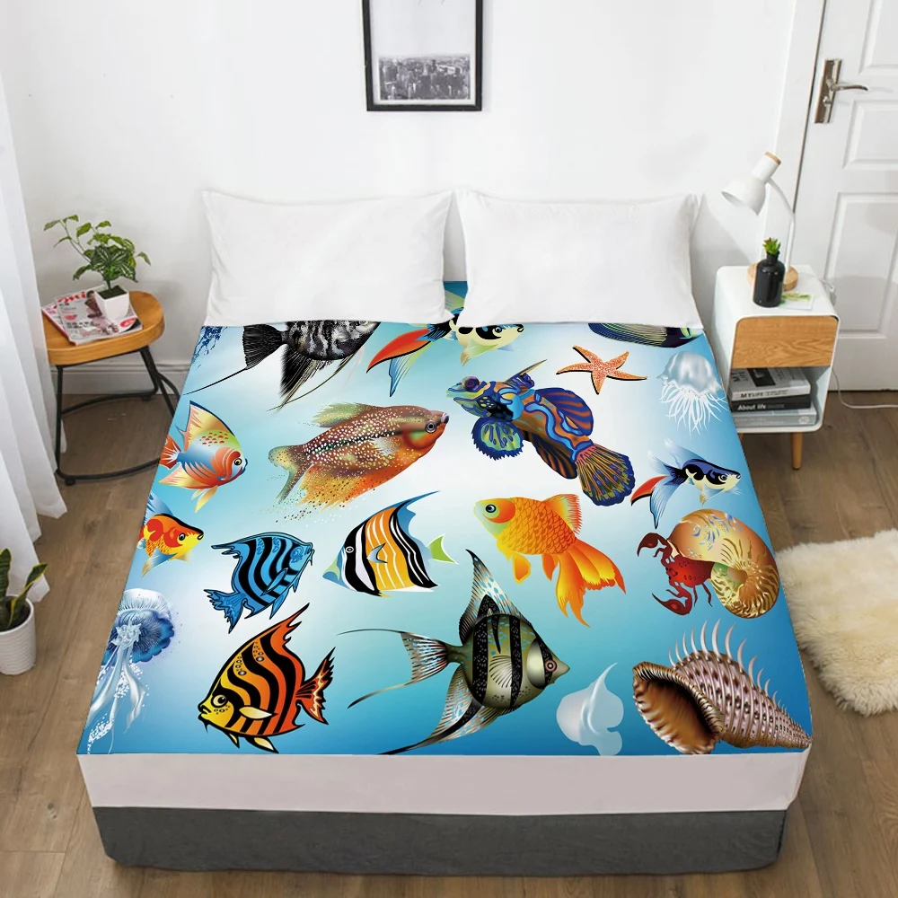 1 PCS 3D Printed Cartoon Orean World Soft Fitted sheet With Elastic Band solid Bed Sheet Cover-Wrinkle Abrasion Resistant Sheets