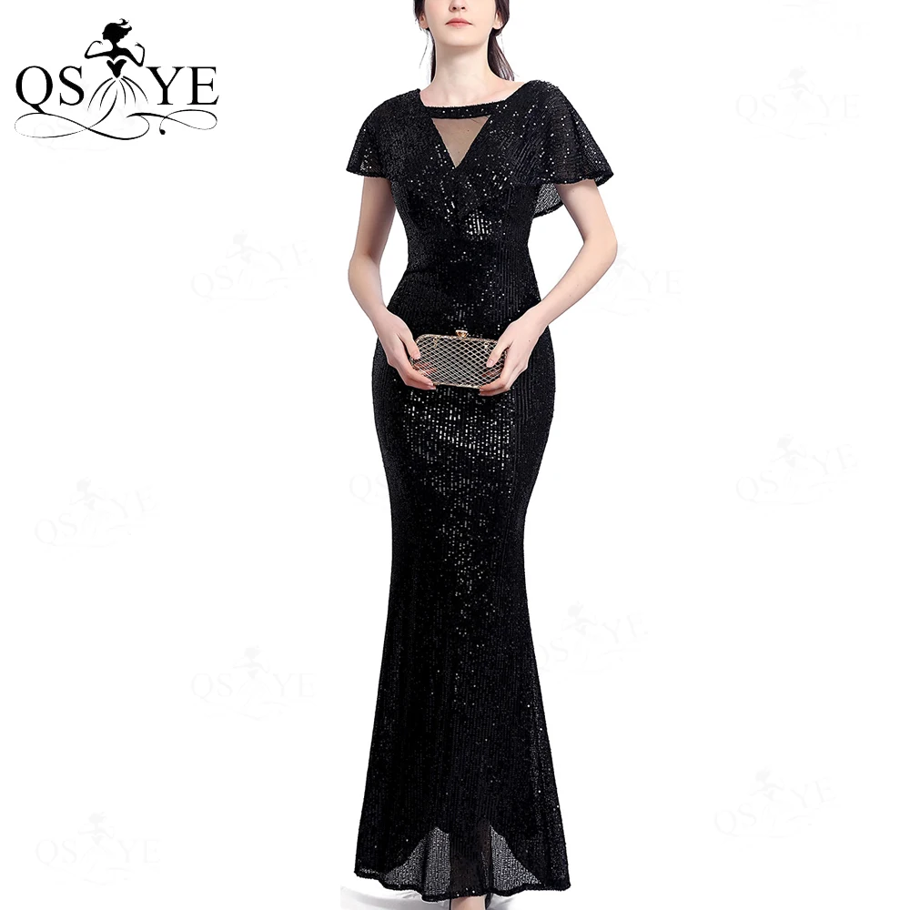 Unique Neck Black Evening Dresses Mermaid Cap Sleeves Long Evening Gown Elegant Glitter Open V Back Formal Party Dress Fitted