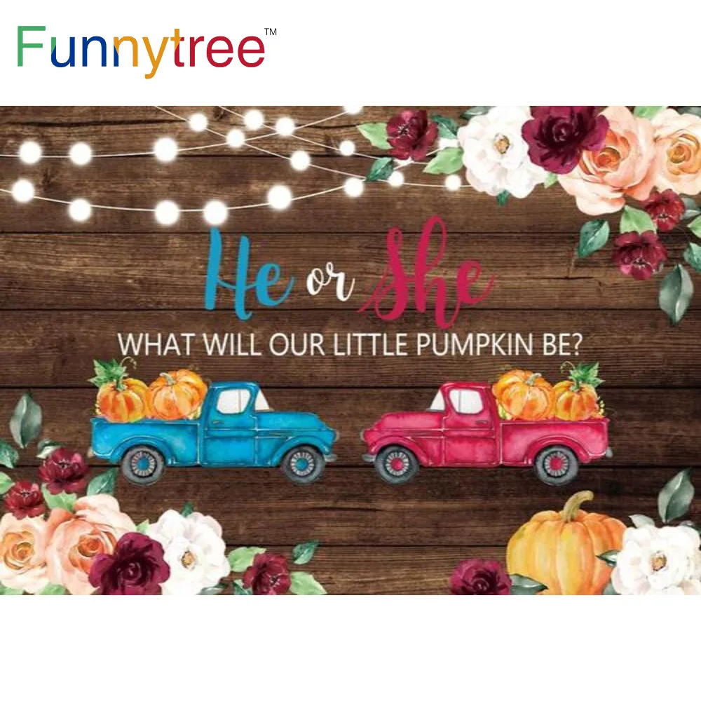 

Funnytree Gender Reveal Party Baby Shower Birthday Party Background Wood Flowers Pumpkins Blue Red Cars Lights Banner Backdrop