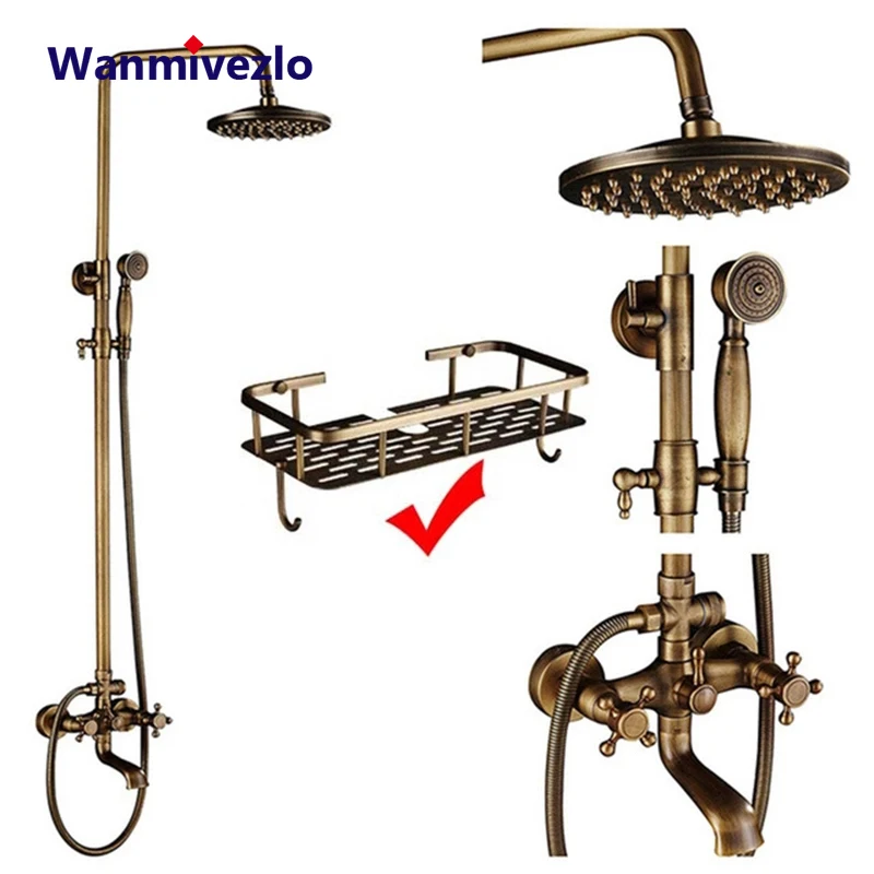 Antique Brass Shower Faucets Set 8'' Rainfall Shower Head Brass Handshower Dual Handle Mixer Tap Rotation Bath Shower Faucet