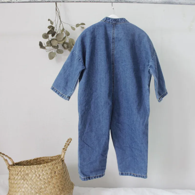 New Spring Autumn Unisex Children Denim Jumpsuits Korean Style Chic Baby Boys Girls Overalls Soft Loose Trousers Kids Clothes