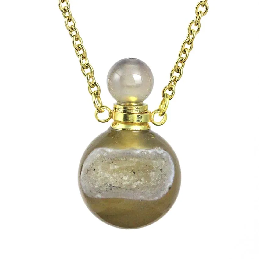 

KFT Natural Stones Onyx Agates Crystal Round Beads Perfume Essential Oil Bottle Diffuser Stone Pendant Necklace For Women Men