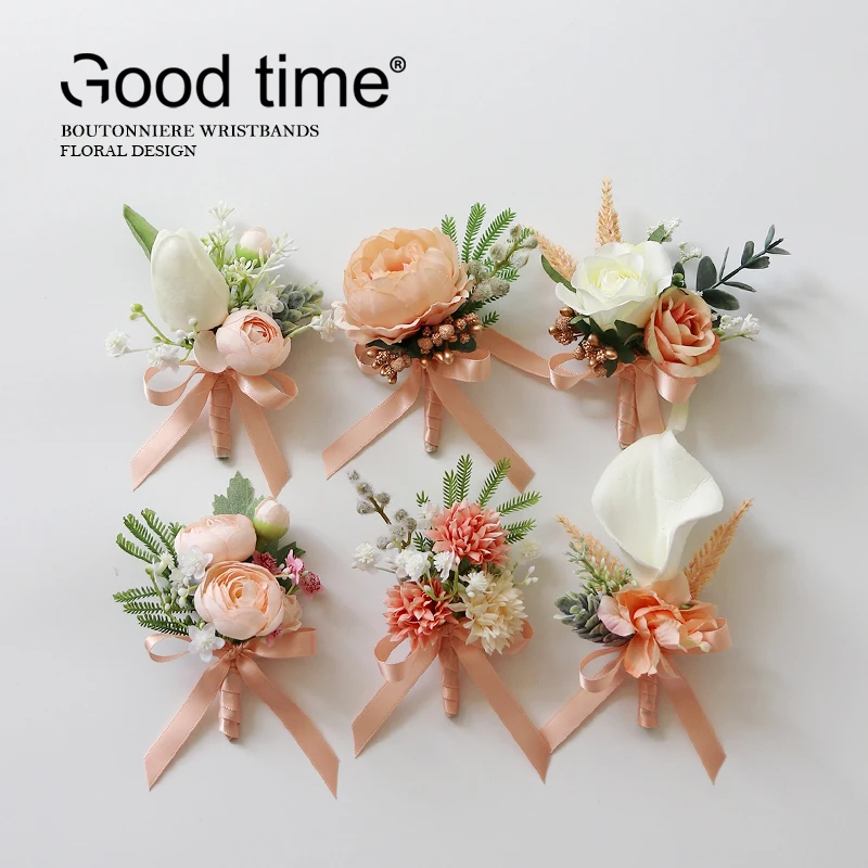 GT Silk Corsages Boutonnieres Wedding Decoration Marriage Rose Wrist Corsage Pin Boutonniere Flowers for Guests PINK