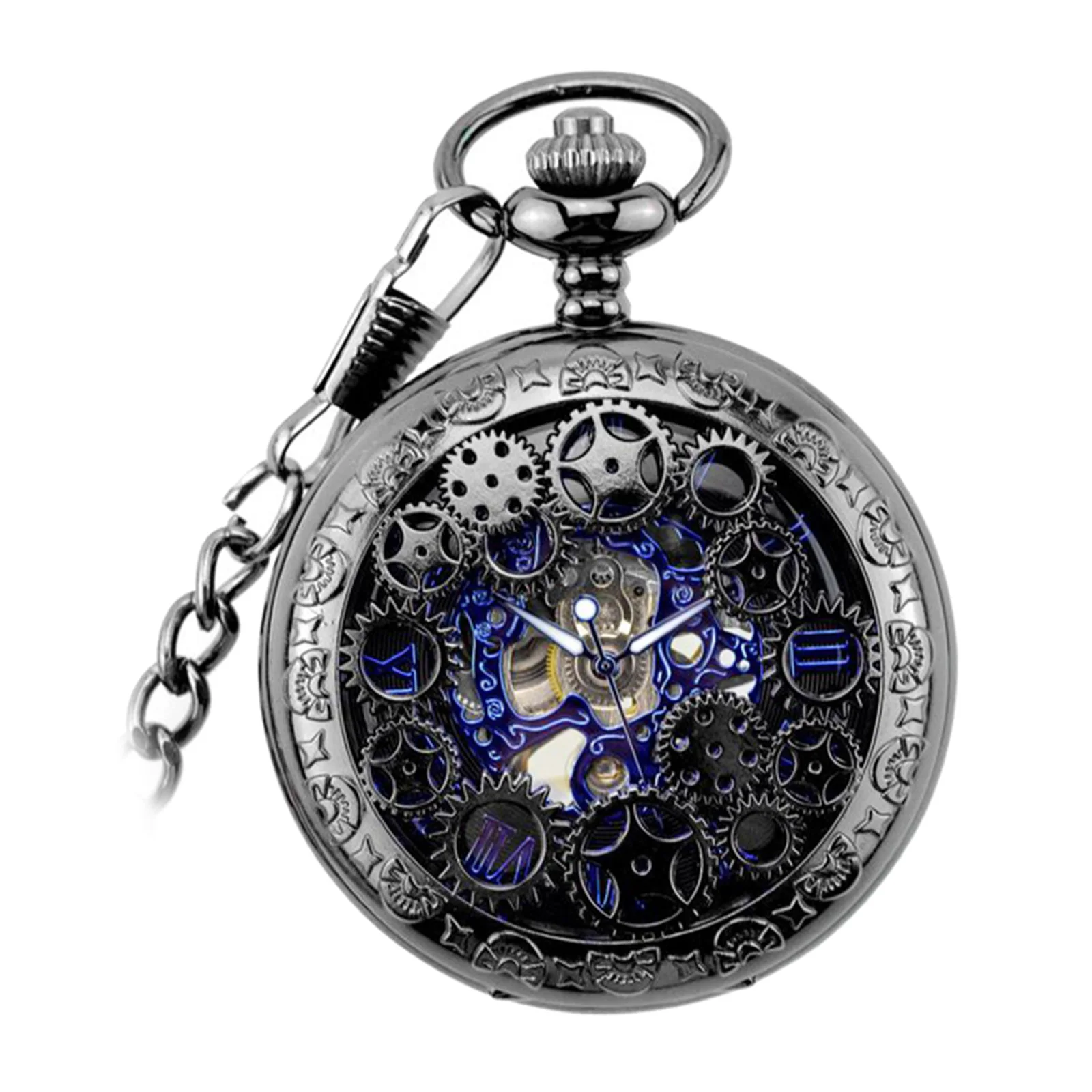 Vintage Steampunk Blue Hands Scale Mechanical Skeleton Pocket Watch Graduation Unisex Fashion Watch Gifts Clock reloj de bolsill