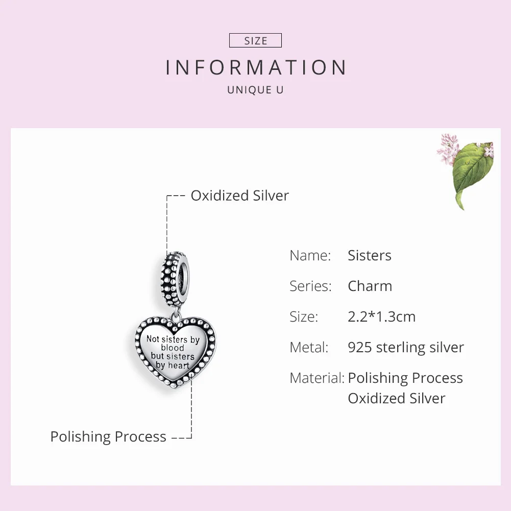 WOSTU 925 Sterling Silver Sisterhood Heart Charms Fit Original Bracelet Pendant Beads For Sister Famlly Jewelry Gift CQC1396