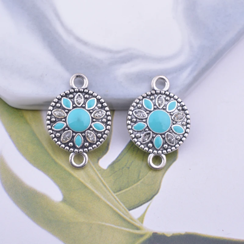 12 Stück 15*22mm Antiksilber Runde Lila-Blaue Emaillierte Verbindungsstücke mit Zwei Löchern für Ohrringe und Anhänger, Schmuckzubehör – Detail 2