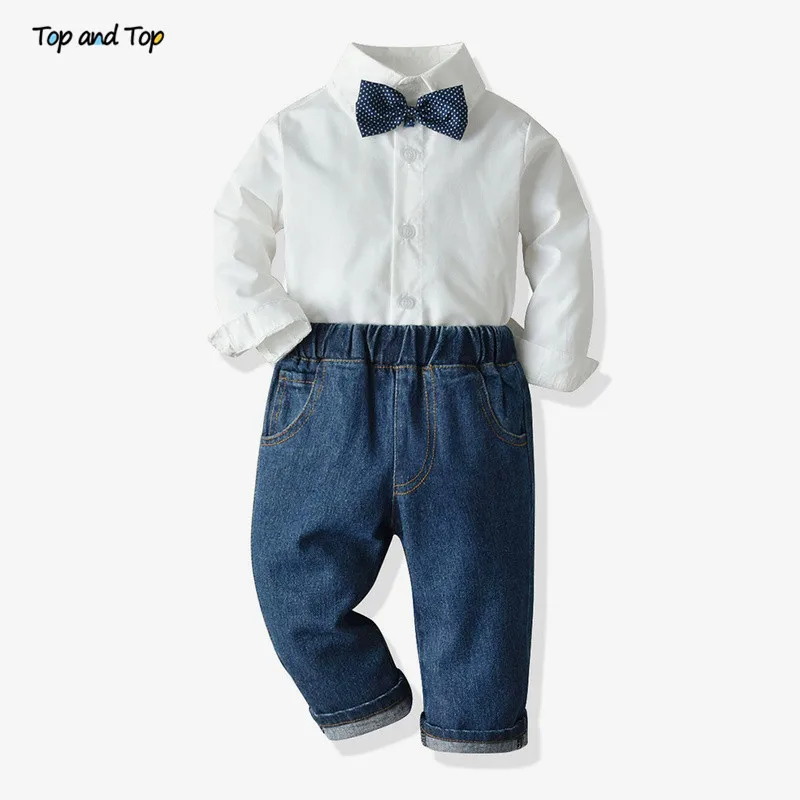 Top and Top Toddler Boy Clothes Set Cotton Plaid Coat&Jacket+Long Sleeve Shirt Top with Dots Bowtie+Jeans Casual 3Pcs Suits