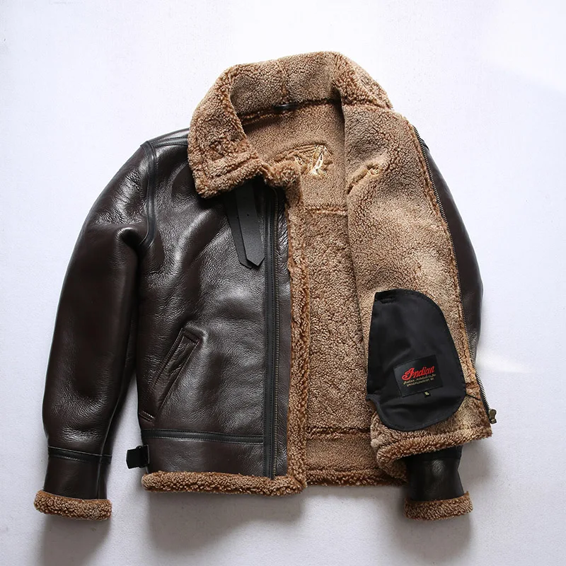 IBB3 European US Size High Quality Super Warm Genuine Sheep Leather Coat Mens Big B3 Shearling Bomber Military Fur Jacket