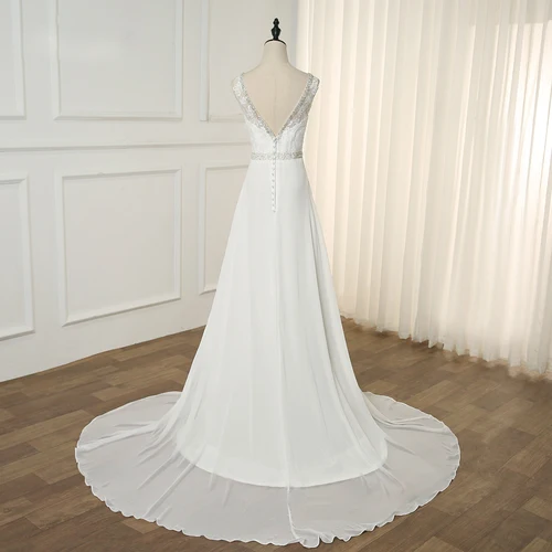 Imagen 2 del producto Jiayigong-vestido De novia bohemio para playa, personalizado, doble cuello en V, sin mangas, apliques De cuentas, corte en A, vestidos De gasa