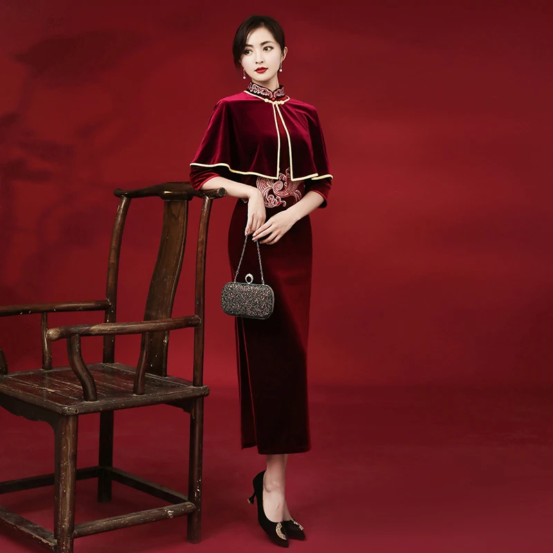 

Chinese Dress Black Red Qipao Evening Dresses Golden Velvet Banquet China Style Shawl Suit Cheongsam Traditional Cheongsams