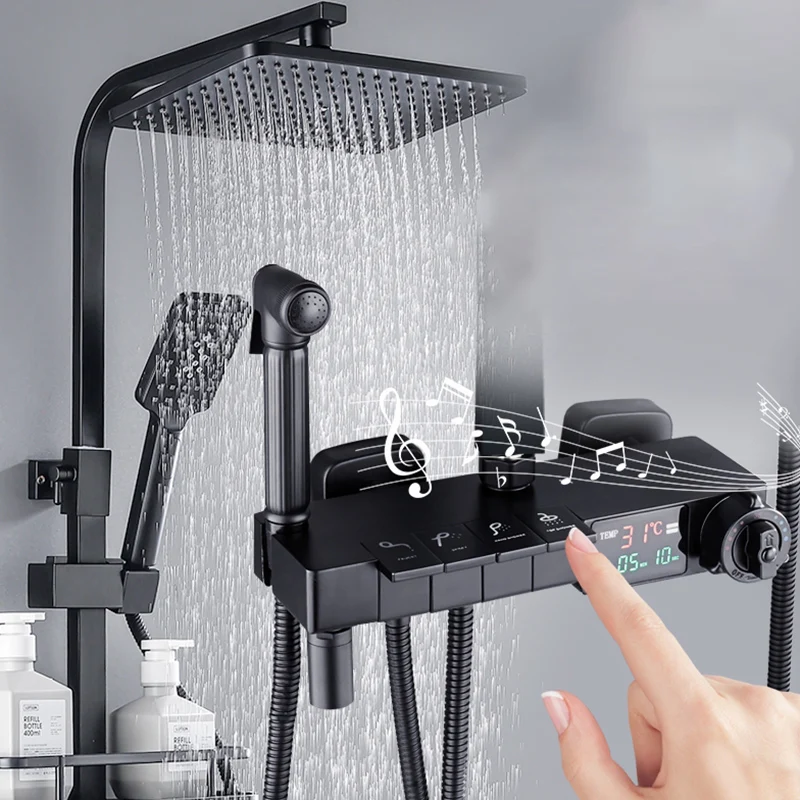 Luxury Piano Digital Shower Set Quality Brass Bathroom Shower Faucet White Gold Thermostatic Shower System Rainfall Shower Head