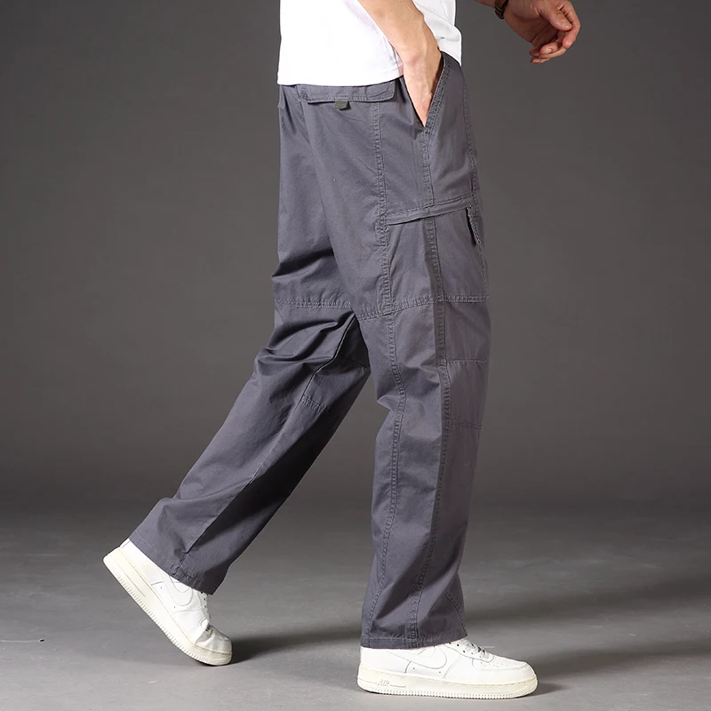 Cotton Overalls Men Multi-pocket Casual Pants Zipper Jogging Hiking Pants Loose Fit Plus Size Clothes Work Trousers