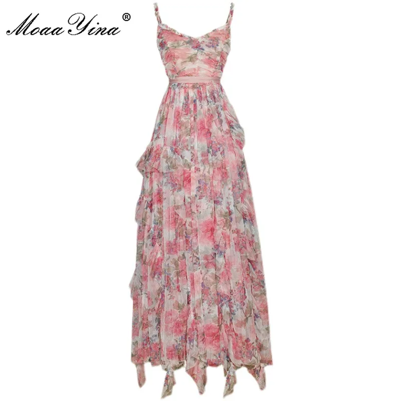 

MoaaYina 2021 Bohemia Vacation Long Dresses Women's Summer Mesh Sexy Spaghetti Strap Floral print Elegant Maxi Party Dress