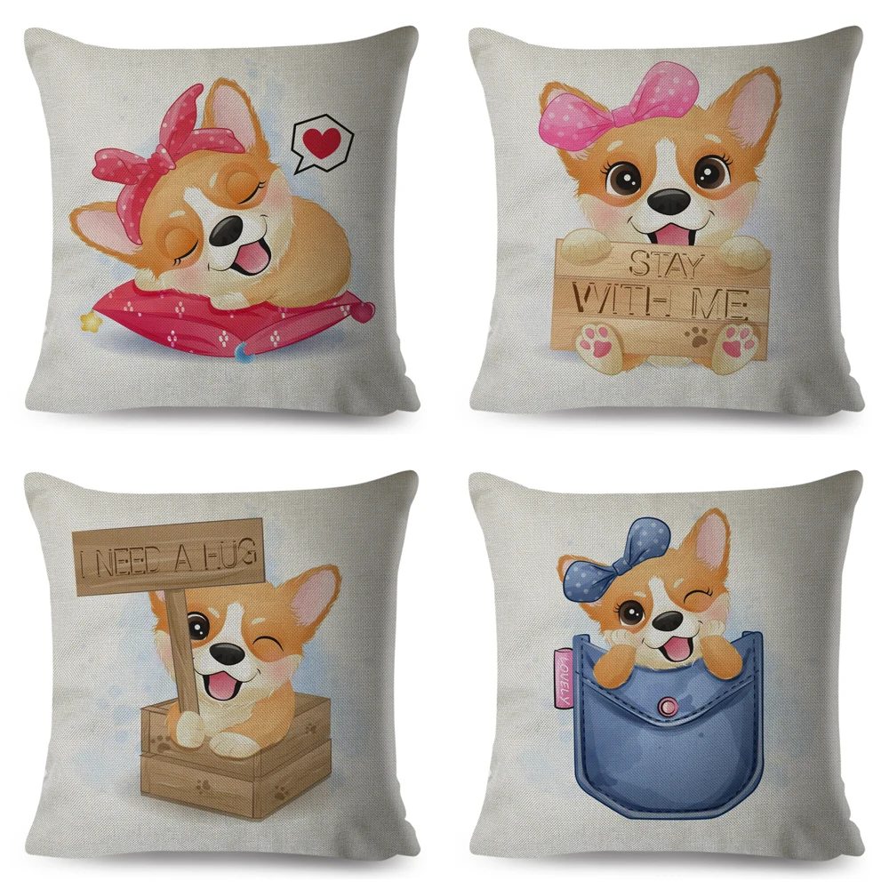 Lovely Dog Animal Cushion Cover Decor Cute Cartoon Pet Welsh Corgi Pillow Case Polyester Pillowcase for Children Room Sofa Home