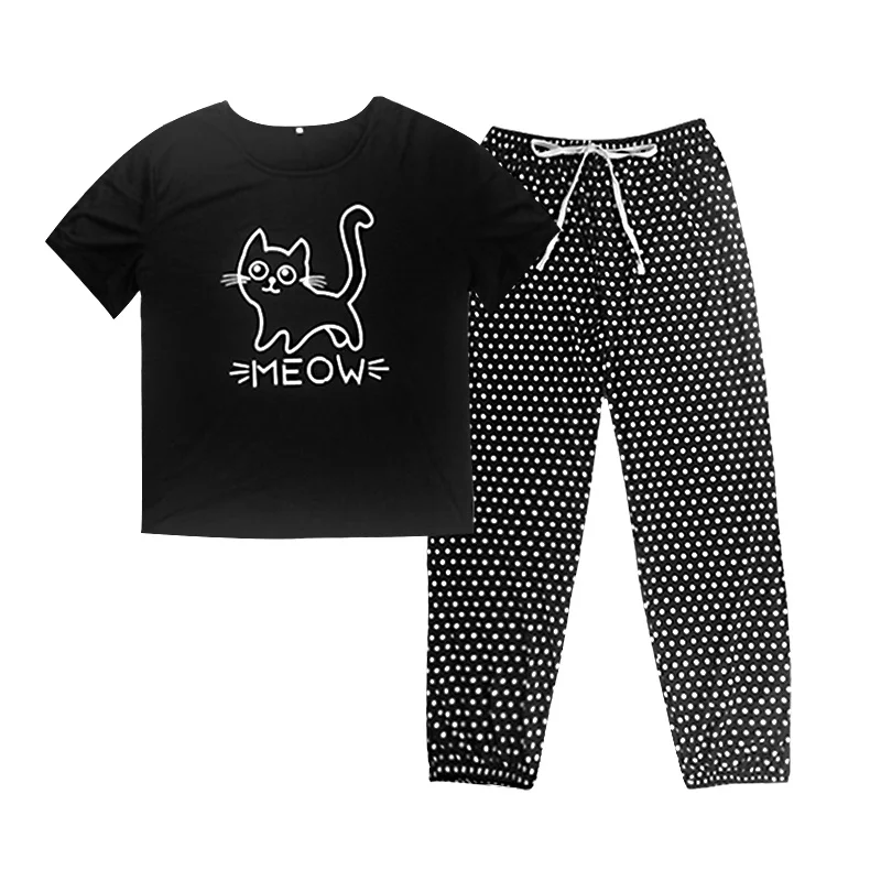 Pyjama en coton à manches courtes pour femmes, ensemble deux pièces, vêtements de nuit d\'été, pyjama de dessin animé mignon, vêtements d\'intérieur