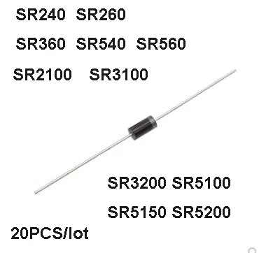 20PCS Schottky Rectifier Diode SR240 SR260 SR360 SR540 SR560 SR2100 SR3100 SR3200 SR5100 SR5150 SR5200 DO-41 DO-27