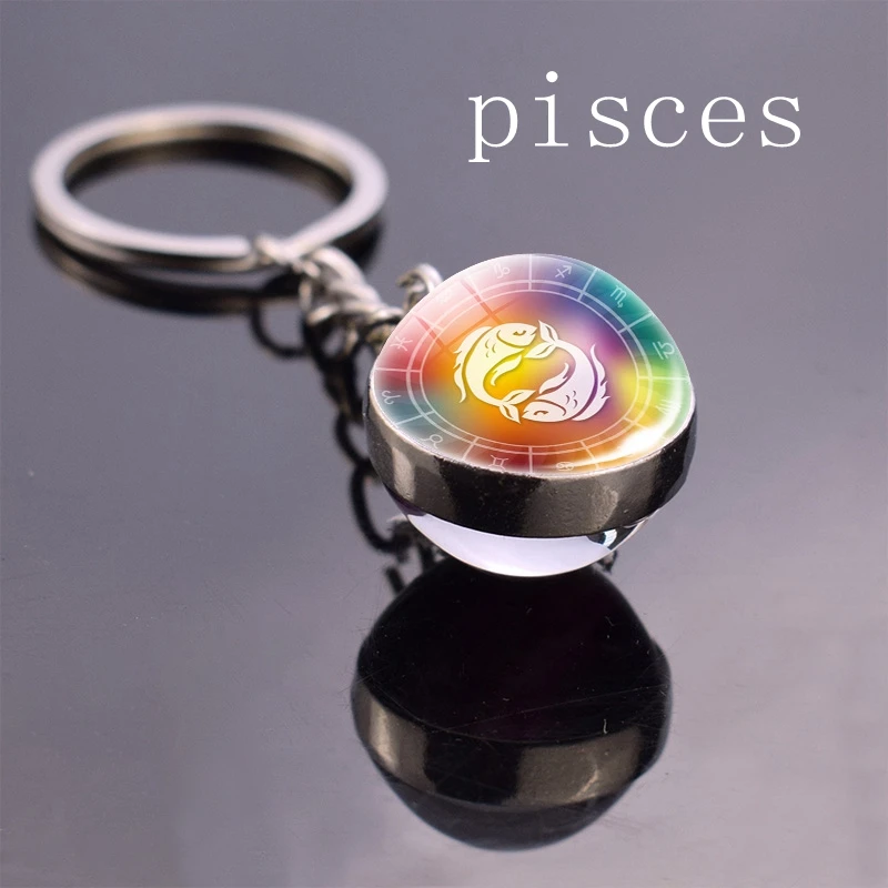 Creative 12 Zodiac Sign Keychain Ball Crystal Rainbow Colors Key Rings Gemini Pisces Constellation Birthday Gift For Women Girls